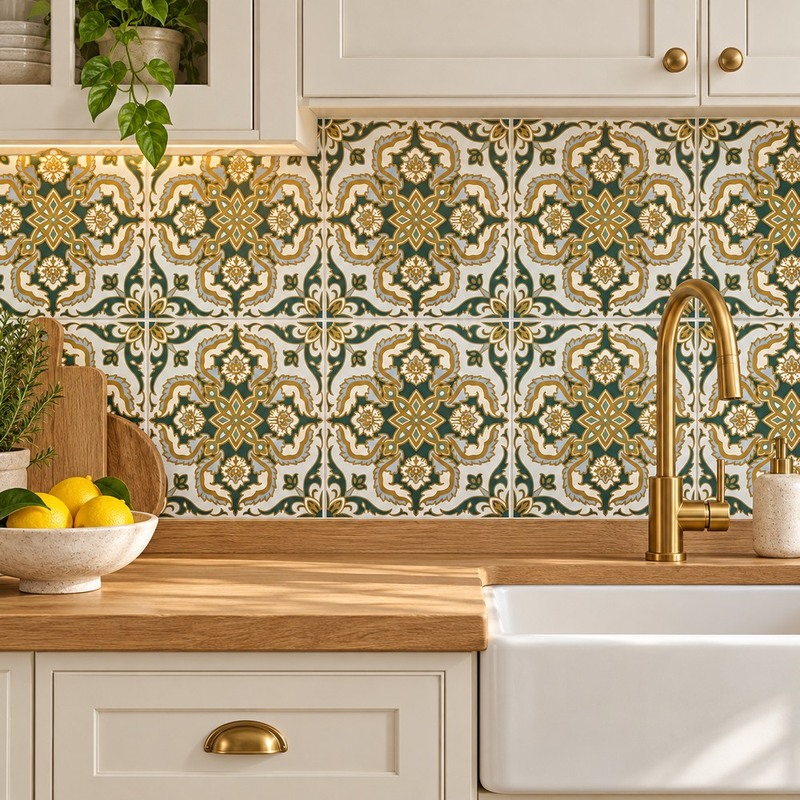 300x300mm Green Cream Ornamental Tiles TQ39-MOSC29823