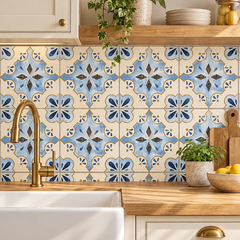 300x300mm Blue Gold Tone Floral Tiles TQ39-MOSC29825