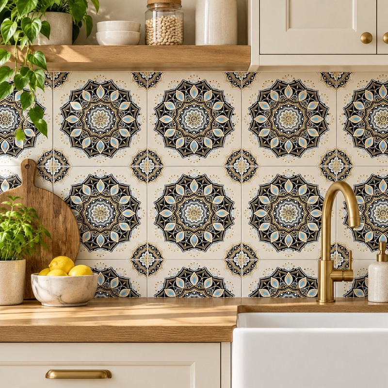 300x300mm Black Cream Ornamental Medallion Tiles TQ39-MOSC29827
