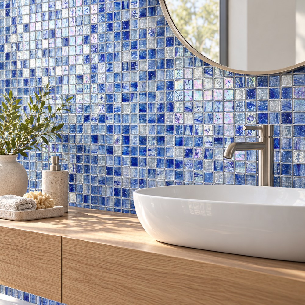 Iridescent Cobalt Blue Ice Flower Glass Mosaic Tiles TQ36-NF772