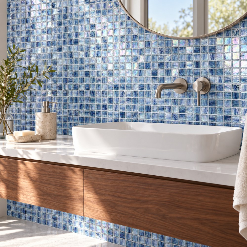 Iridescent Steel Blue Ice Flower Glass Mosaic Tiles TQ36-NF776