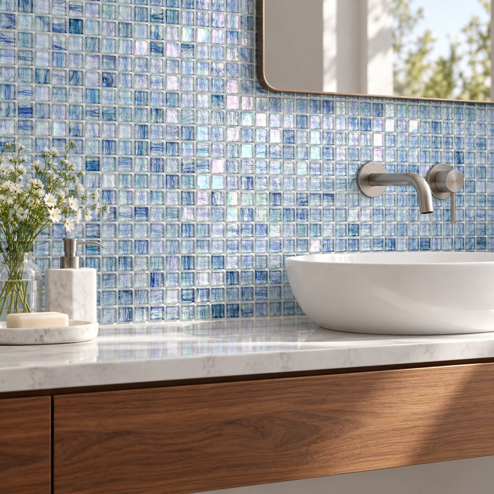 Iridescent Aqua Blue Ice Flower Glass Mosaic Tiles TQ36-NF778