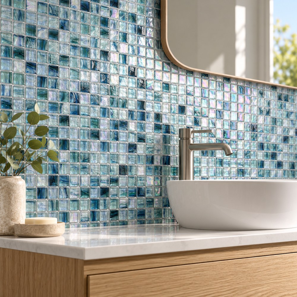 Iridescent Teal Blue Ice Flower Glass Mosaic Tiles TQ36-NF873