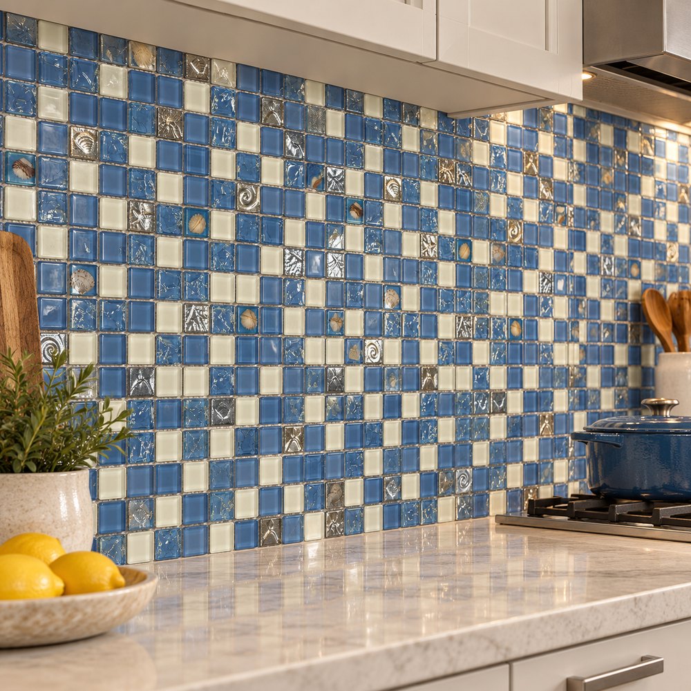 Blue Beige Mix Textured Glass Mosaic Tiles TQ36-2802