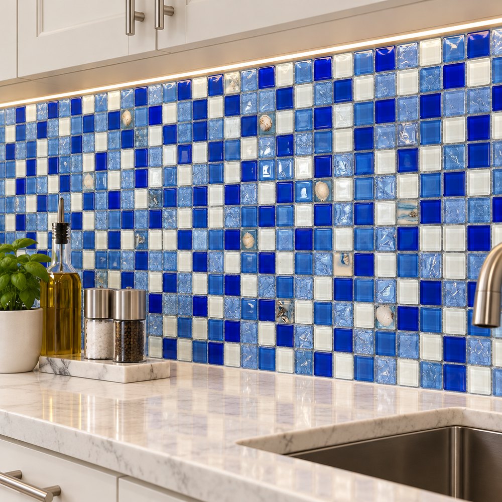 Blue White Mix Textured Glass Mosaic Tiles TQ36-2803