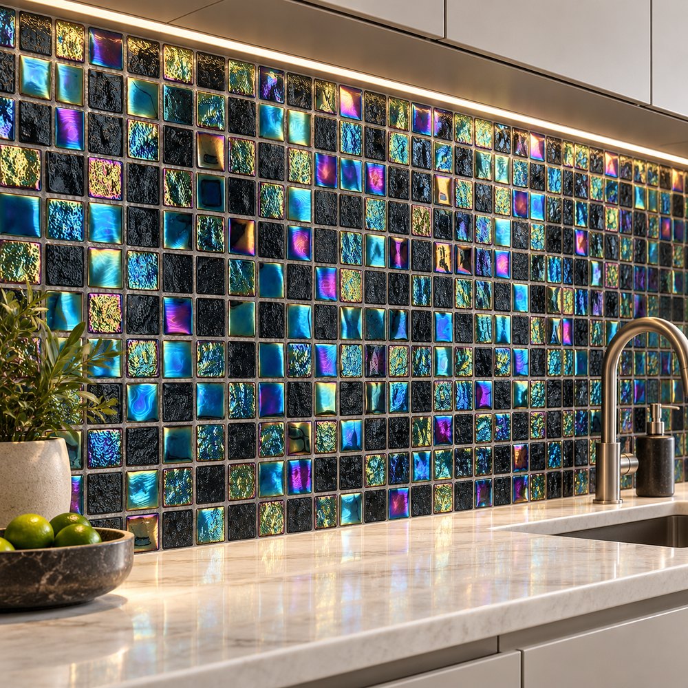 Black Iridescent Textured Glass Mosaic Tiles TQ36-FF2001