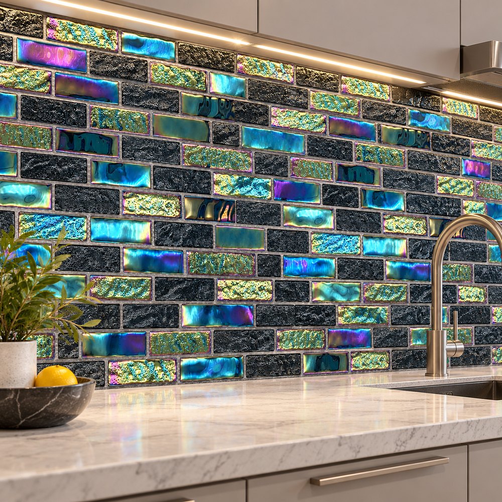 Black Iridescent Textured Glass Mosaic Tiles TQ36-FF2002