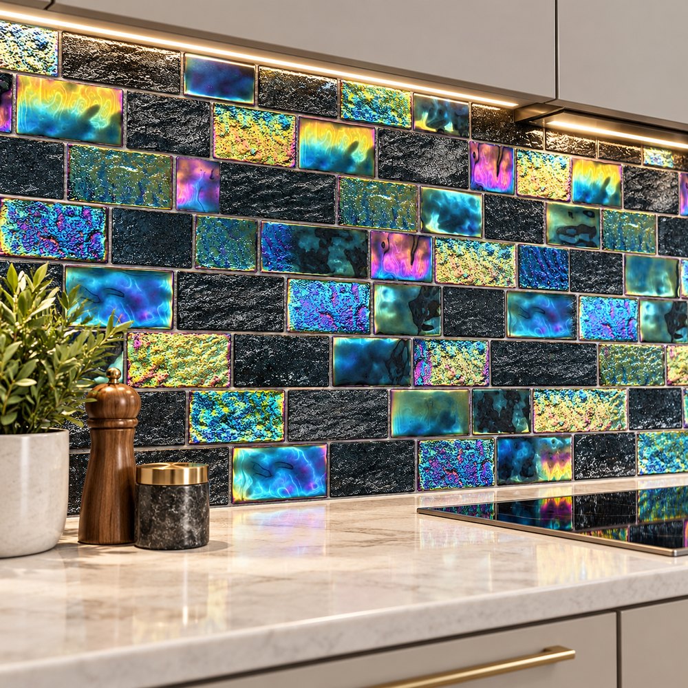 Black Iridescent Textured Glass Mosaic Tiles TQ36-FF2003