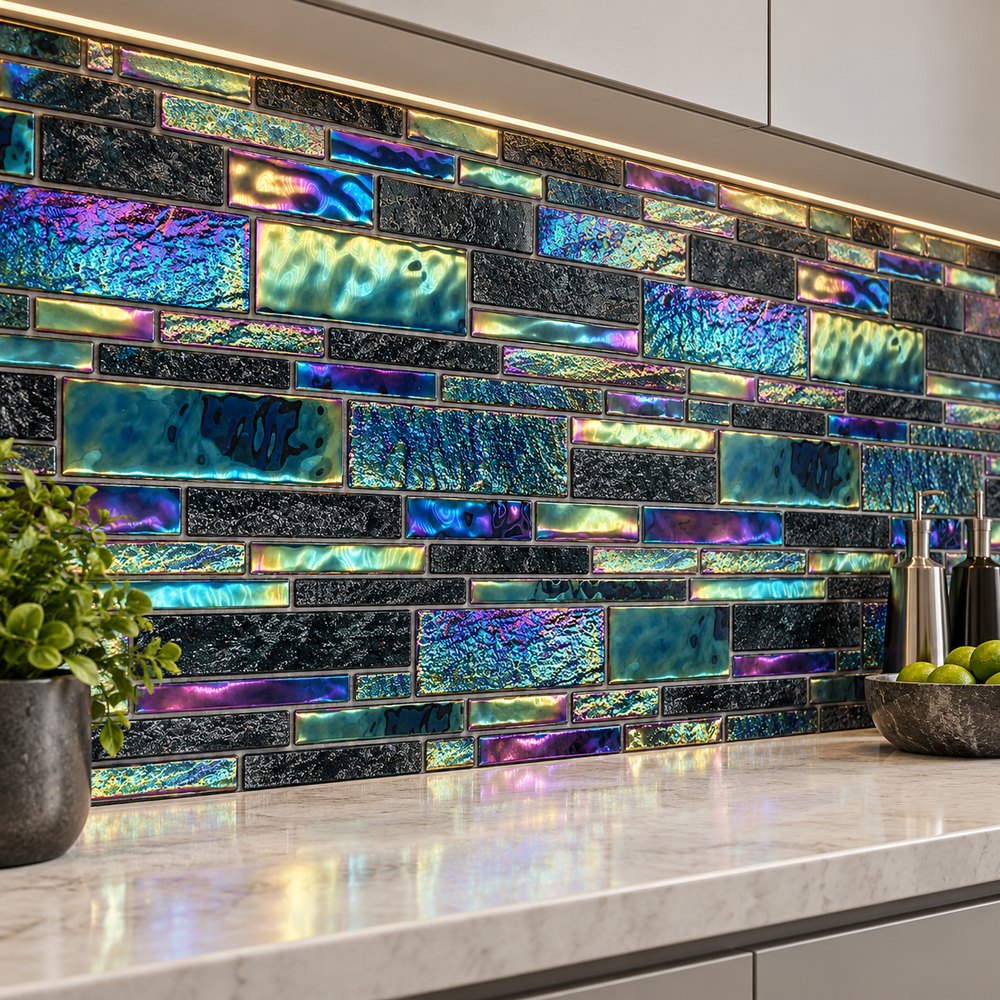 Black Iridescent Textured Glass Mosaic Tiles TQ36-FF2004
