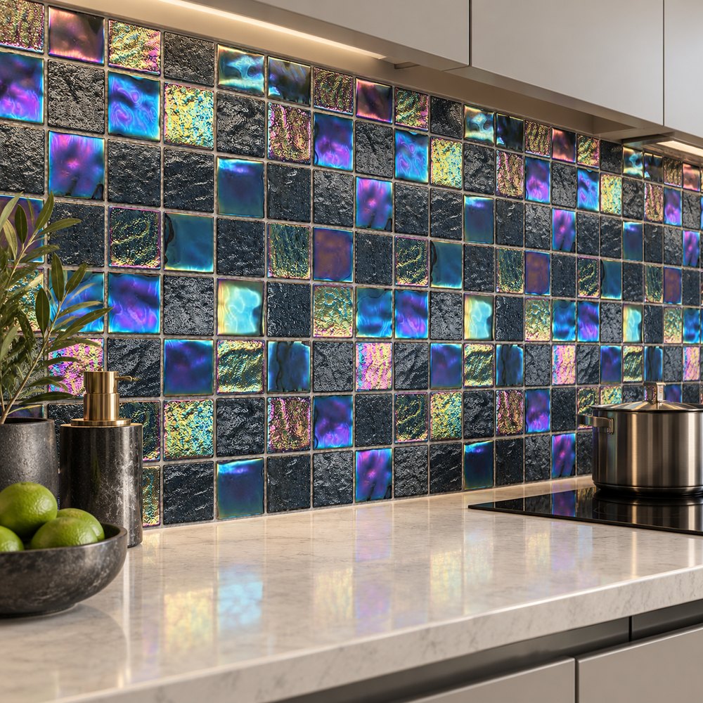 Black Iridescent Textured Glass Mosaic Tiles TQ36-FF2005