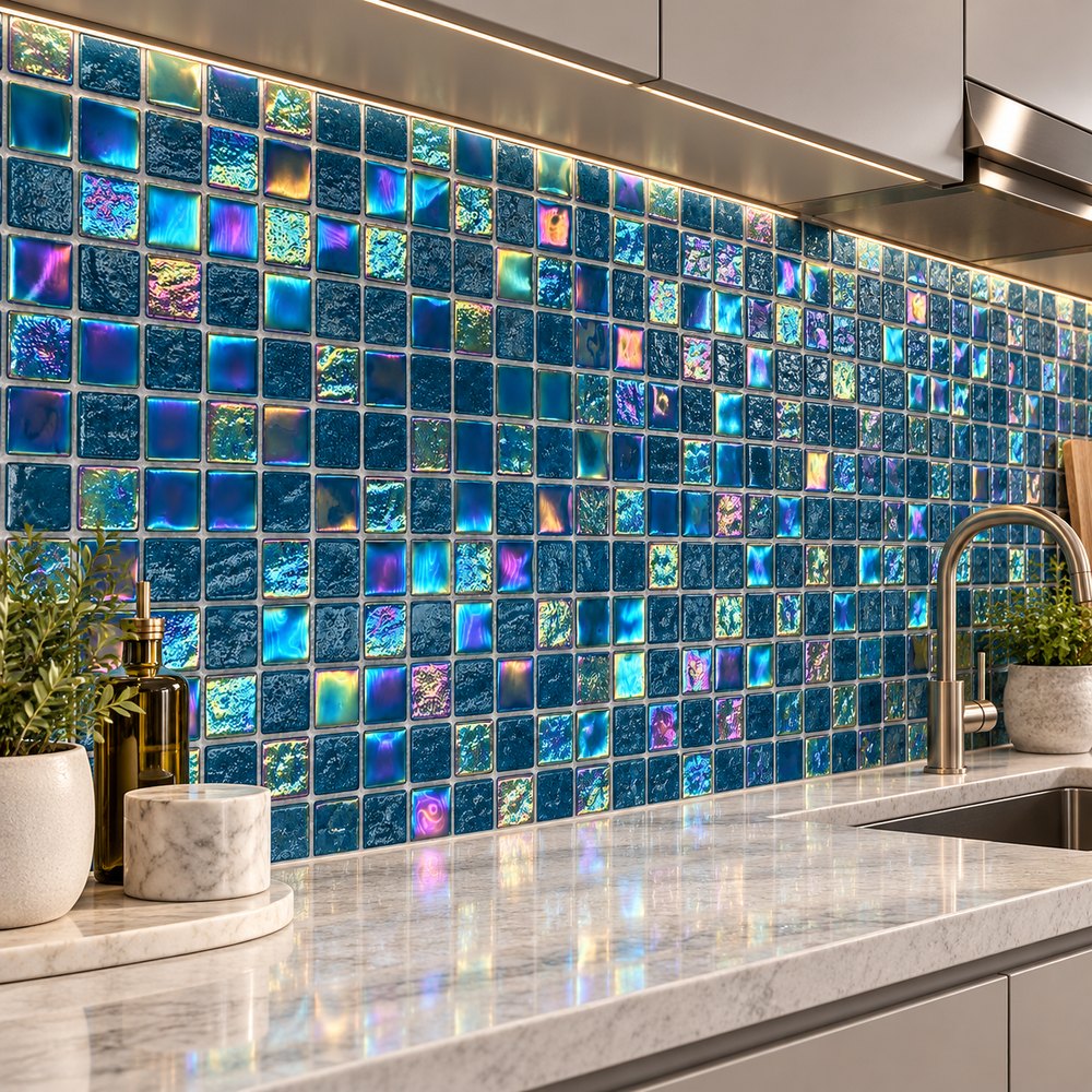 Teal Iridescent Textured Glass Mosaic Tiles TQ36-FF2006
