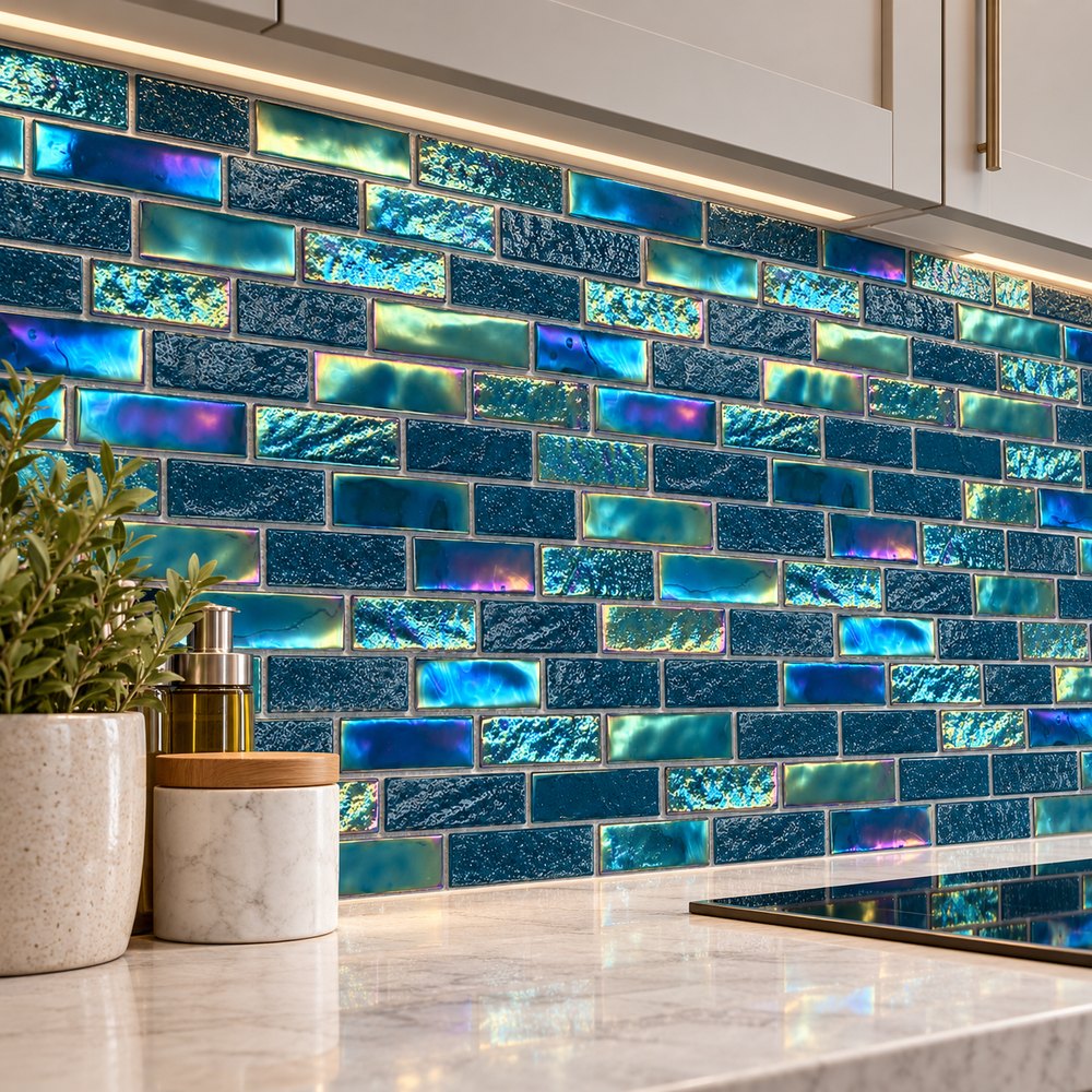Teal Iridescent Textured Glass Mosaic Tiles TQ36-FF2007