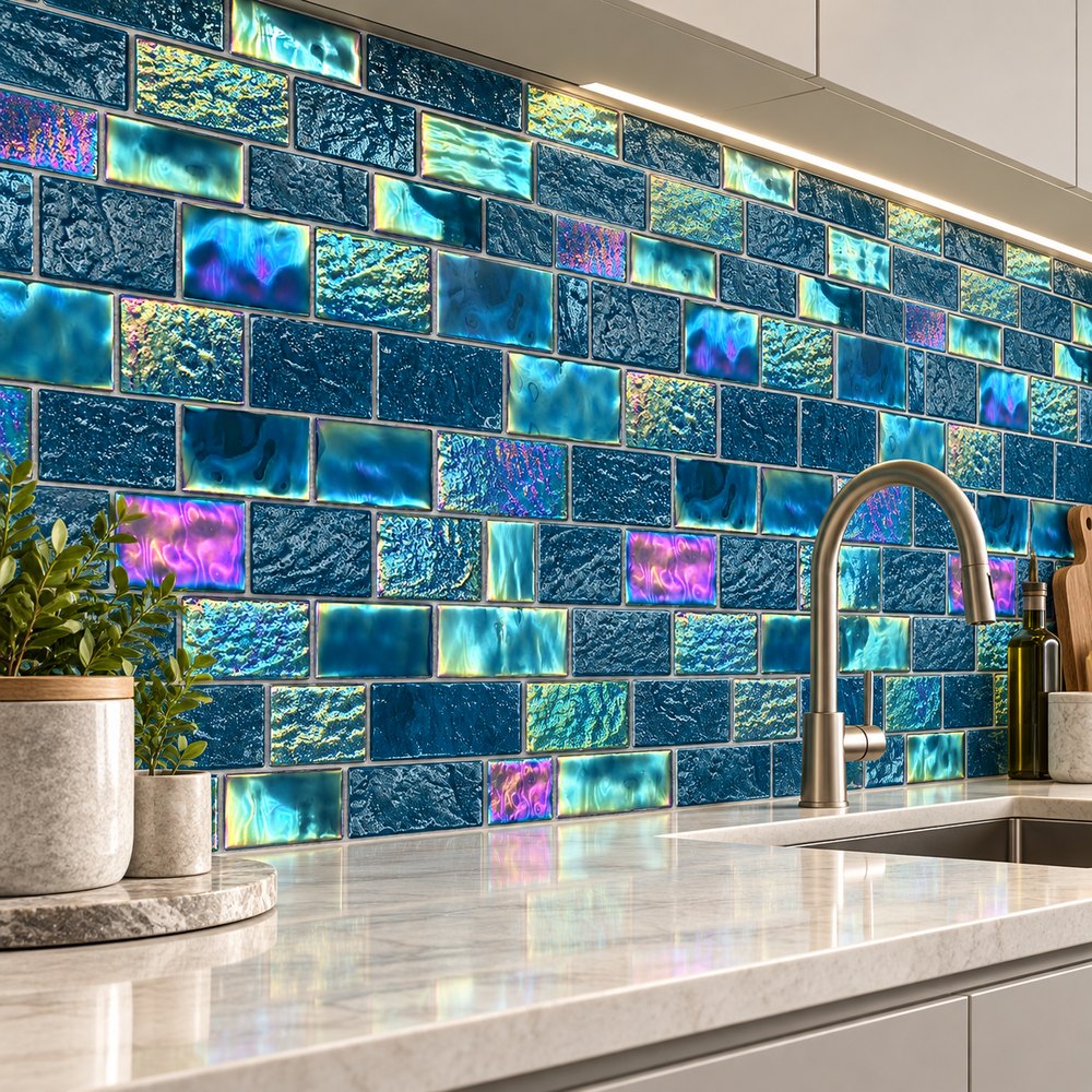 Teal Iridescent Textured Glass Mosaic Tiles TQ36-FF2008