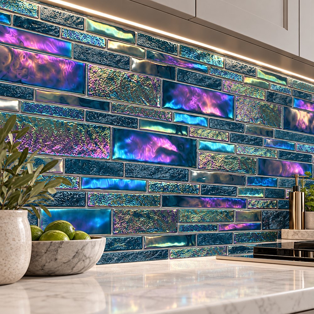 Teal Iridescent Textured Glass Mosaic Tiles TQ36-FF2009