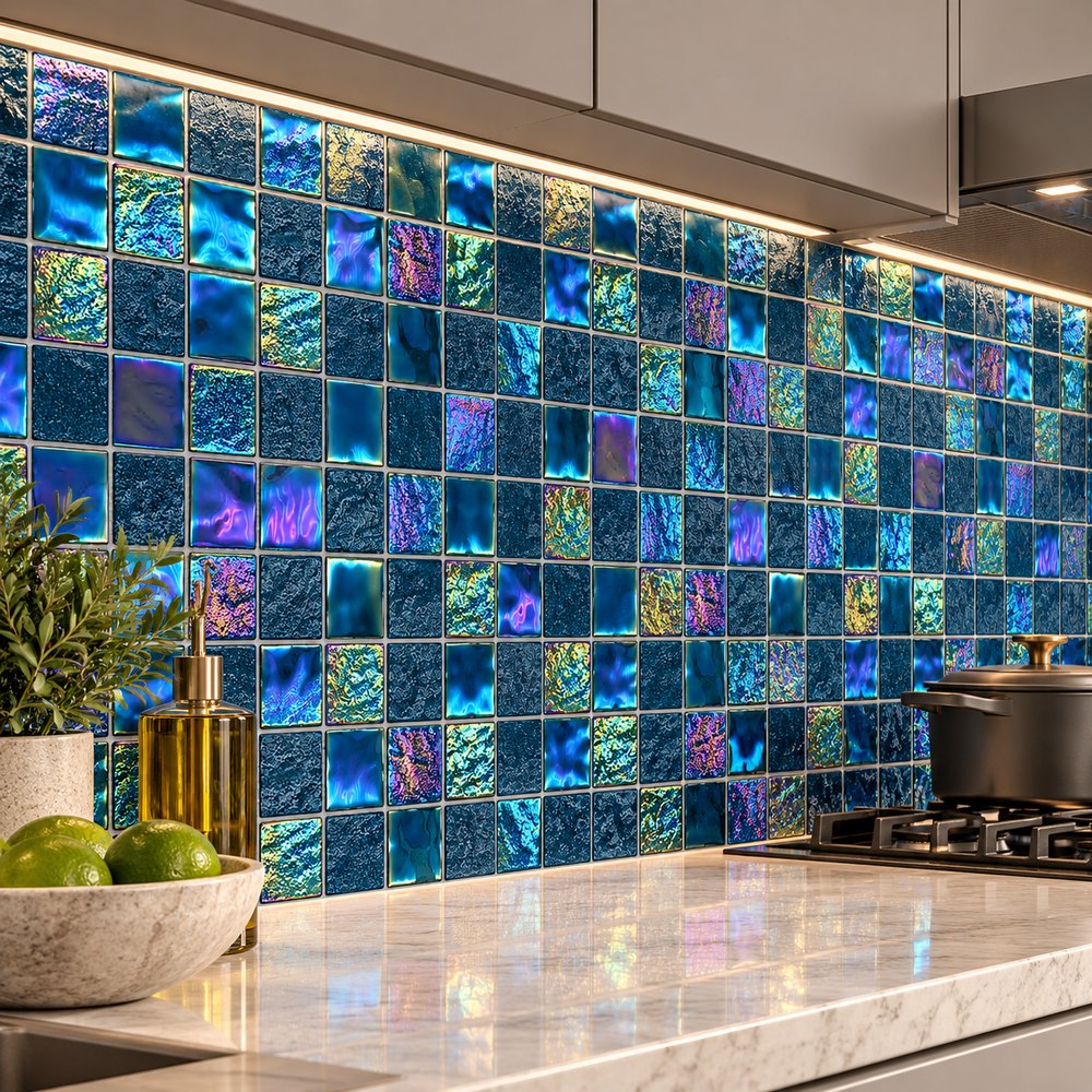 Teal Iridescent Textured Glass Mosaic Tiles TQ36-FF2010