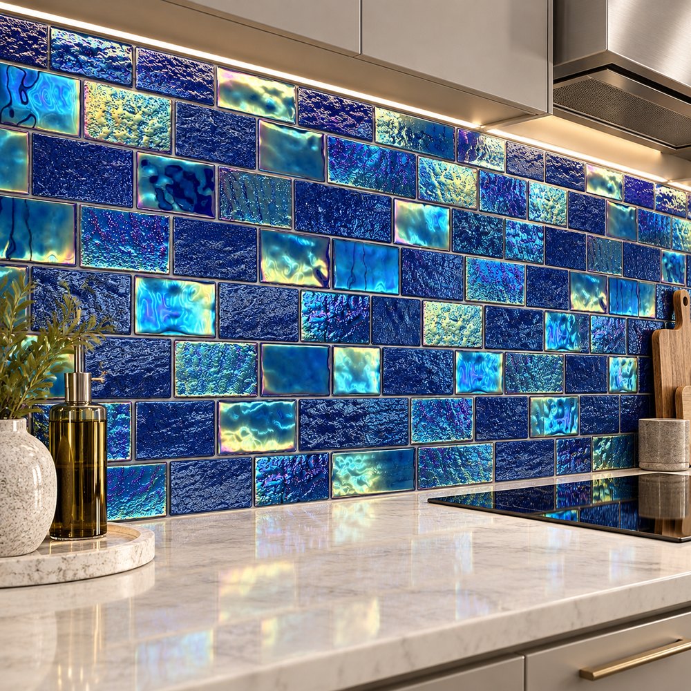 Cobalt Blue Iridescent Textured Glass Mosaic Tiles TQ36-FF2013
