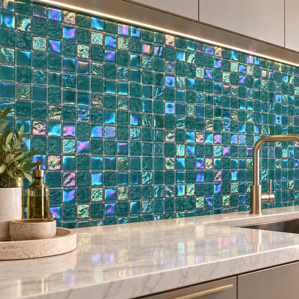Jade Green Iridescent Textured Glass Mosaic Tiles TQ36-FF2016