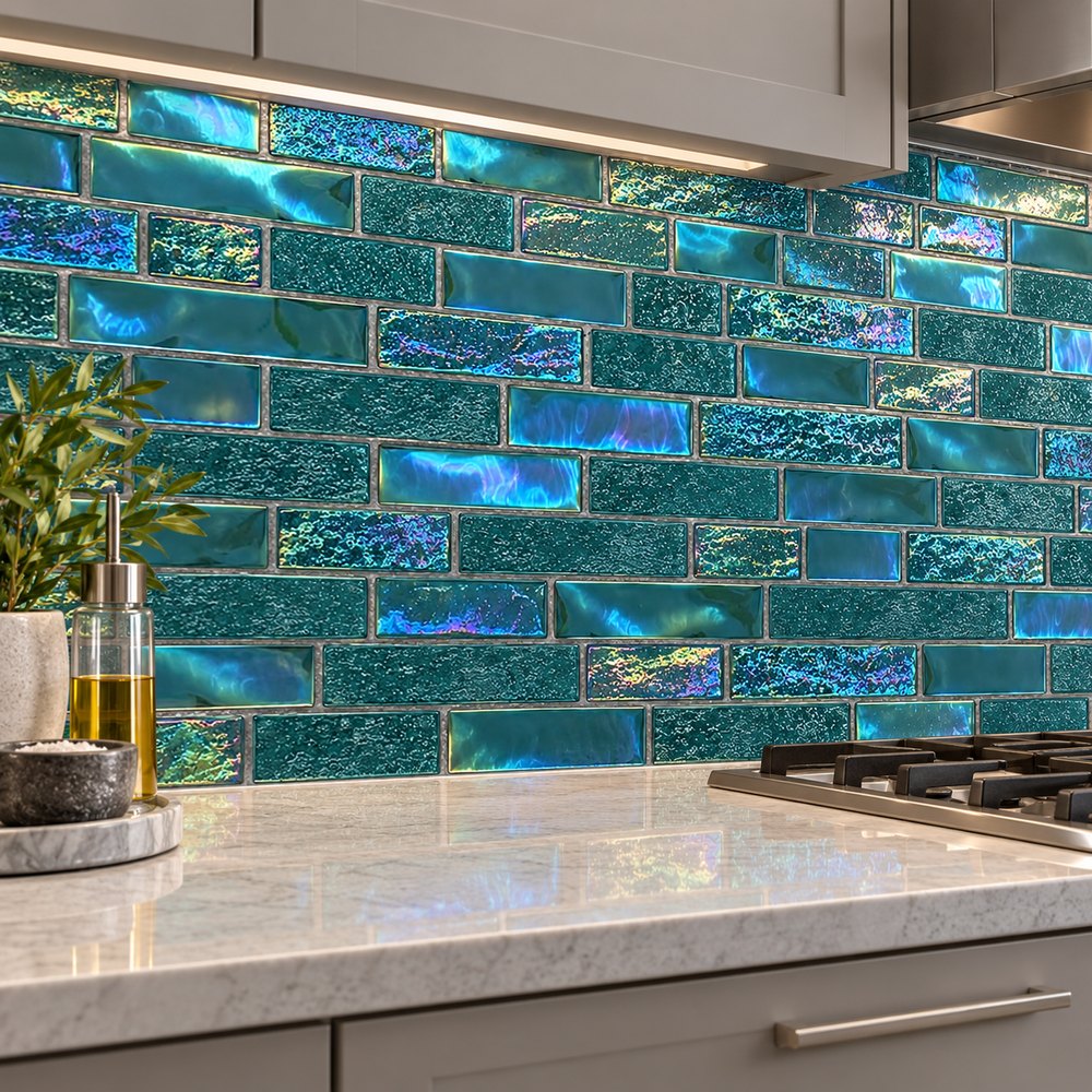 Jade Green Iridescent Textured Glass Mosaic Tiles TQ36-FF2017