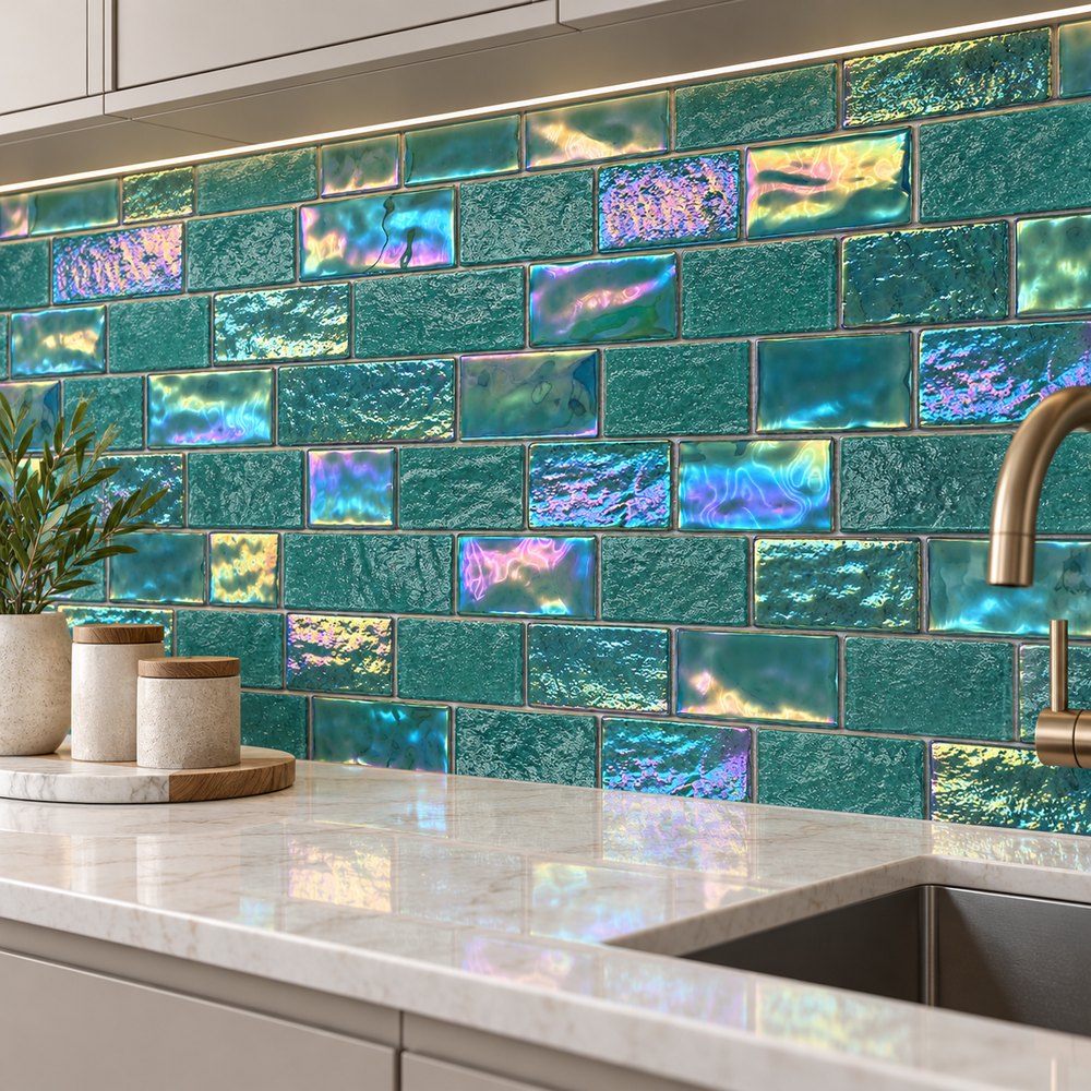 Jade Green Iridescent Textured Glass Mosaic Tiles TQ36-FF2018