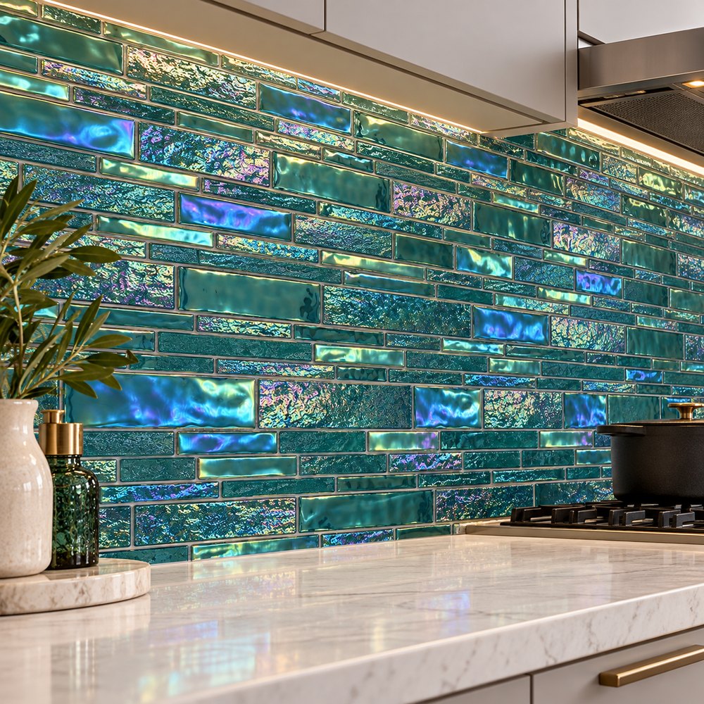 Jade Green Iridescent Textured Glass Mosaic Tiles TQ36-FF2019