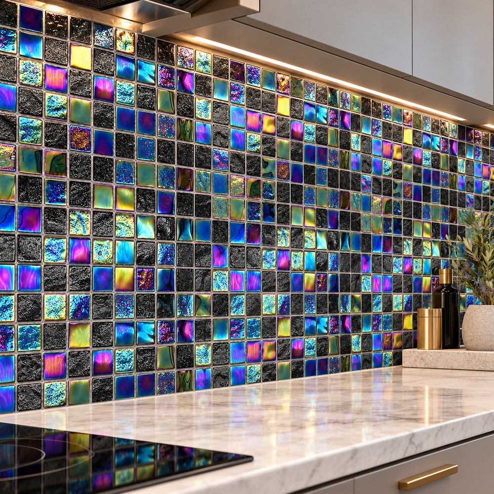 Black Iridescent Textured Glass Mosaic Tiles TQ36-FF2021