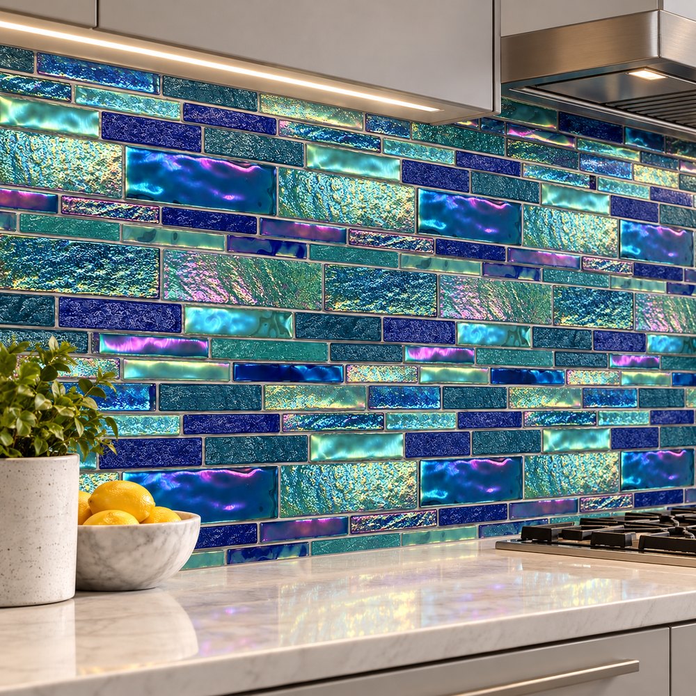 Blue Teal Mix Iridescent Textured Glass Mosaic Tiles TQ36-FF2027