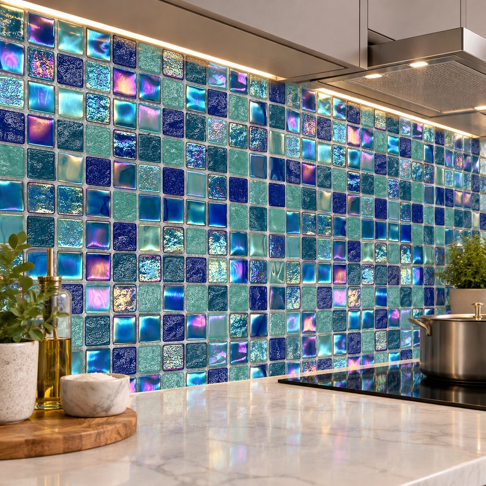 Blue Teal Mix Iridescent Textured Glass Mosaic Tiles TQ36-FF2028