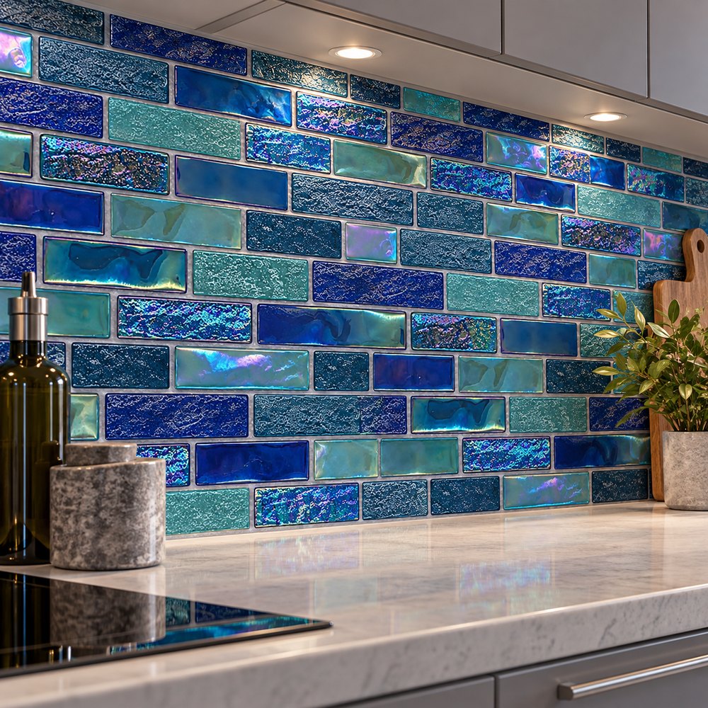 Blue Teal Mix Iridescent Textured Glass Mosaic Tiles TQ36-FF2029