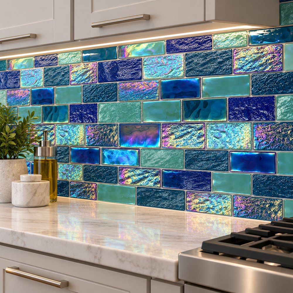 Blue Teal Mix Iridescent Textured Glass Mosaic Tiles TQ36-FF2030