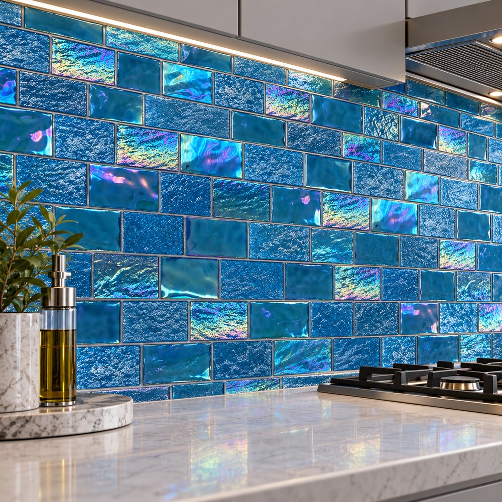 Ocean Blue Iridescent Textured Glass Mosaic Tiles TQ36-FF2037
