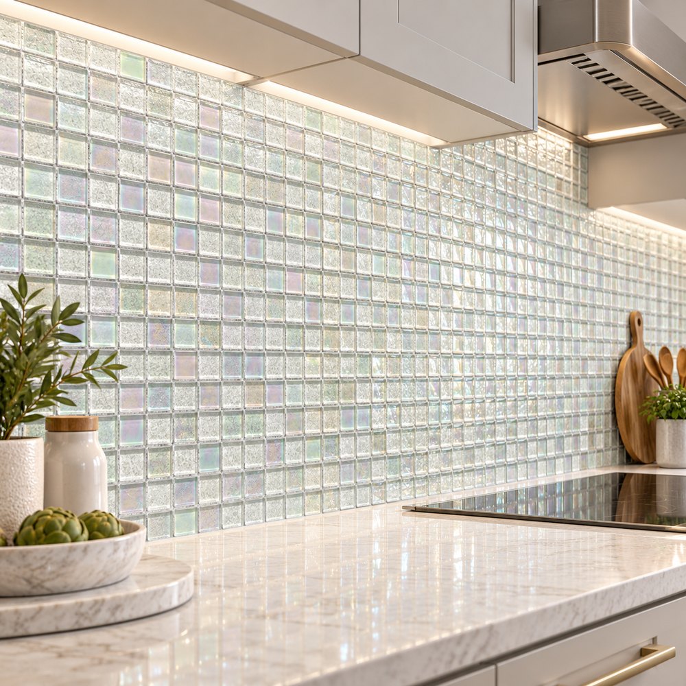 Pearl White Iridescent Textured Glass Mosaic Tiles TQ36-FF2040