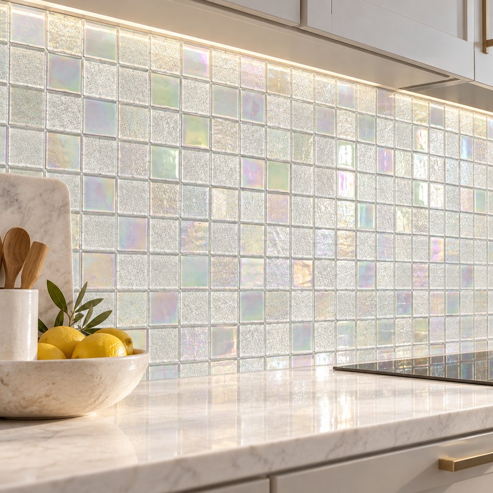 Pearl White Iridescent Textured Glass Mosaic Tiles TQ36-FF2041