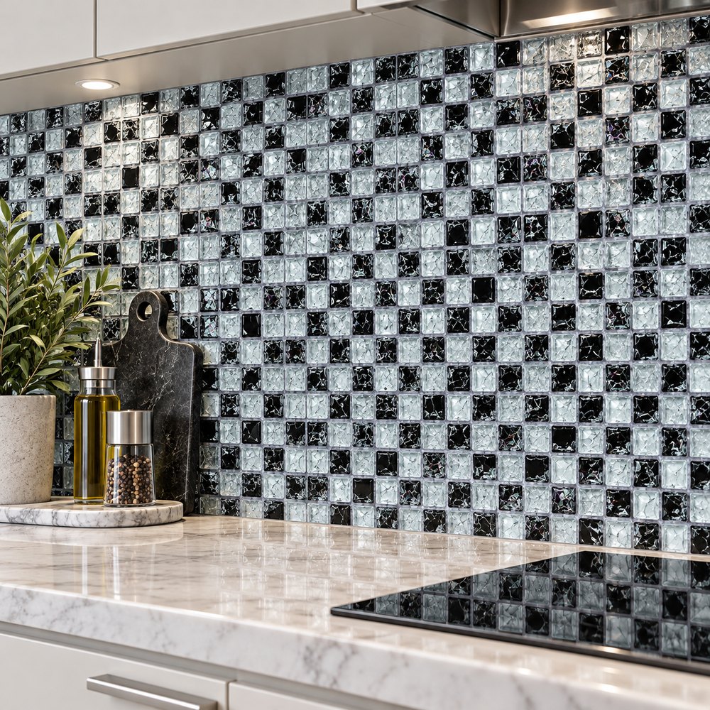 Black White Mix Textured Glass Mosaic Tiles TQ36-FF6001