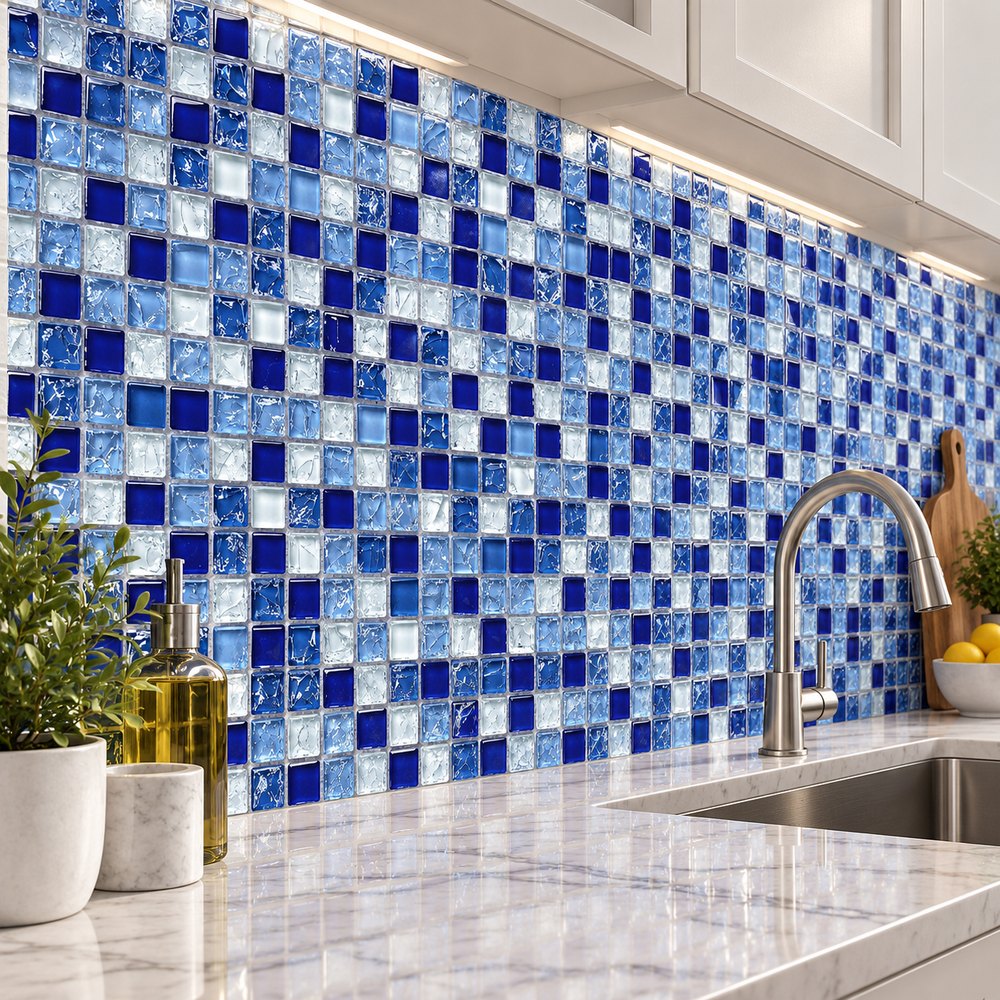Blue White Mix Textured Glass Mosaic Tiles TQ36-FF6002