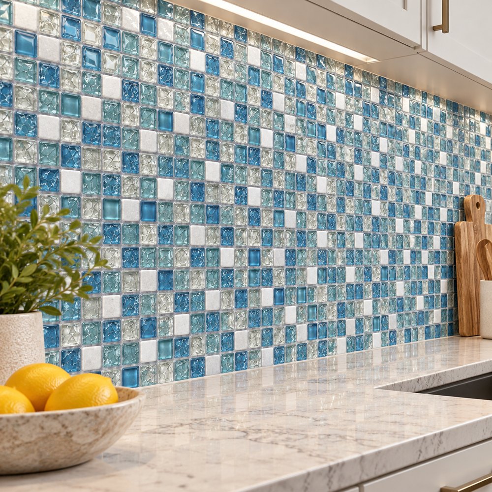 Aqua White Mix Textured Glass Mosaic Tiles TQ36-FF6004