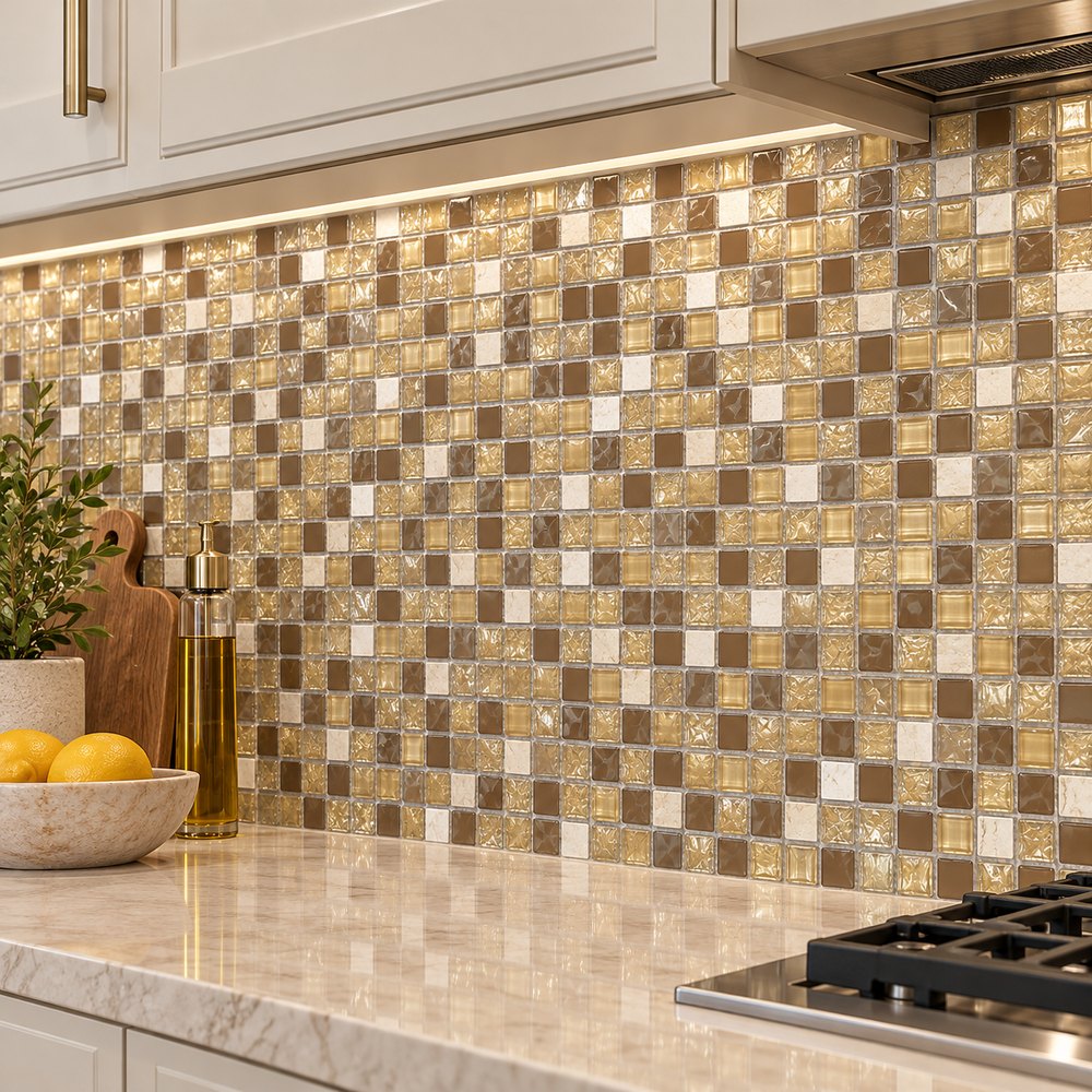 Beige Gold Mix Textured Glass Mosaic Tiles TQ36-FF6008