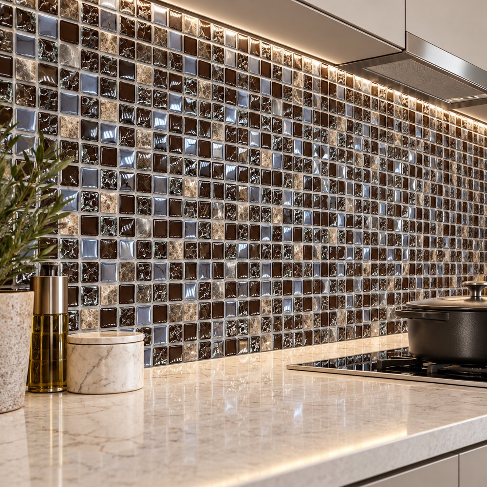 Brown Silver Mix Textured Glass Mosaic Tiles TQ36-FF6021