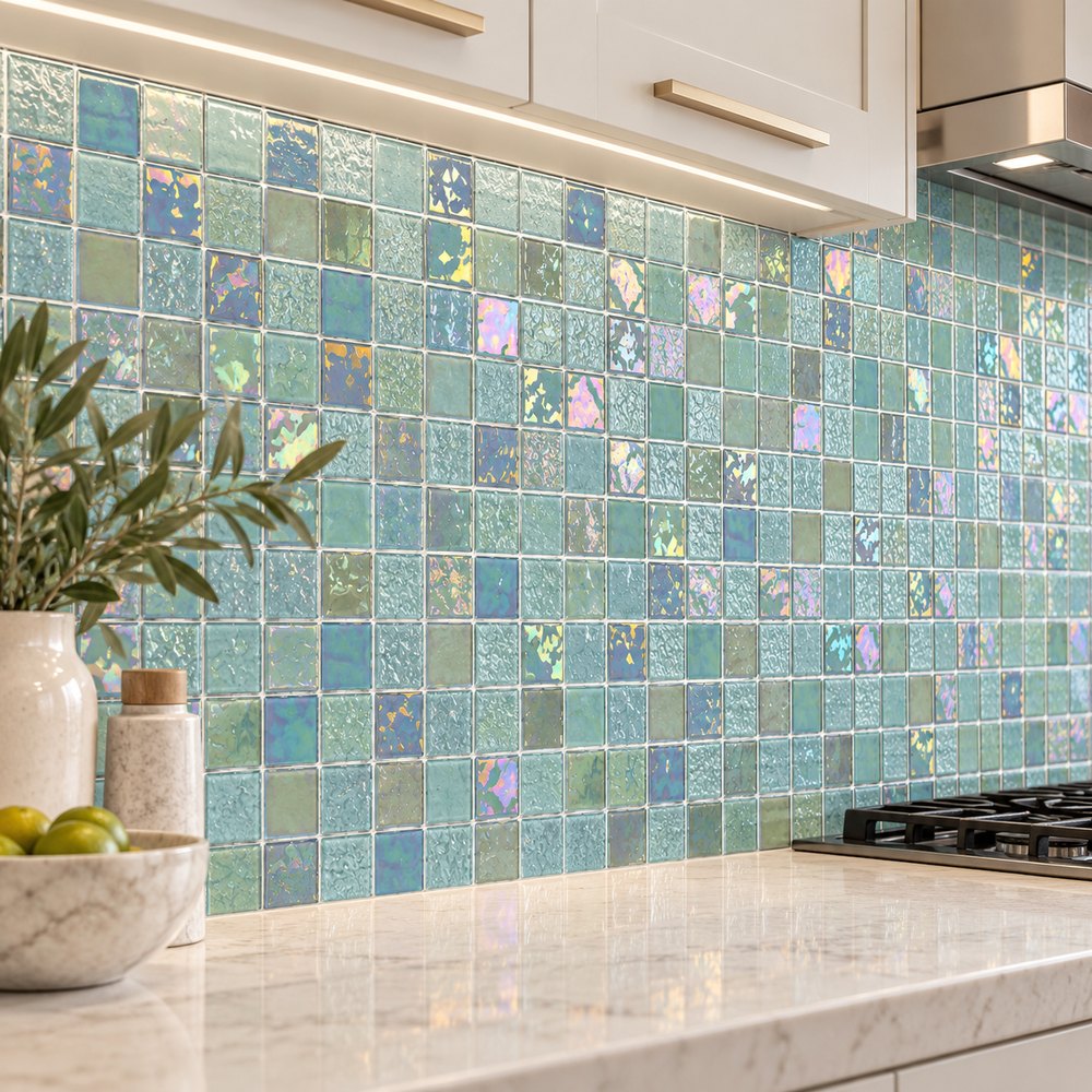 Pale Aqua Iridescent Glass Mosaic Tiles TQ36-FF7007