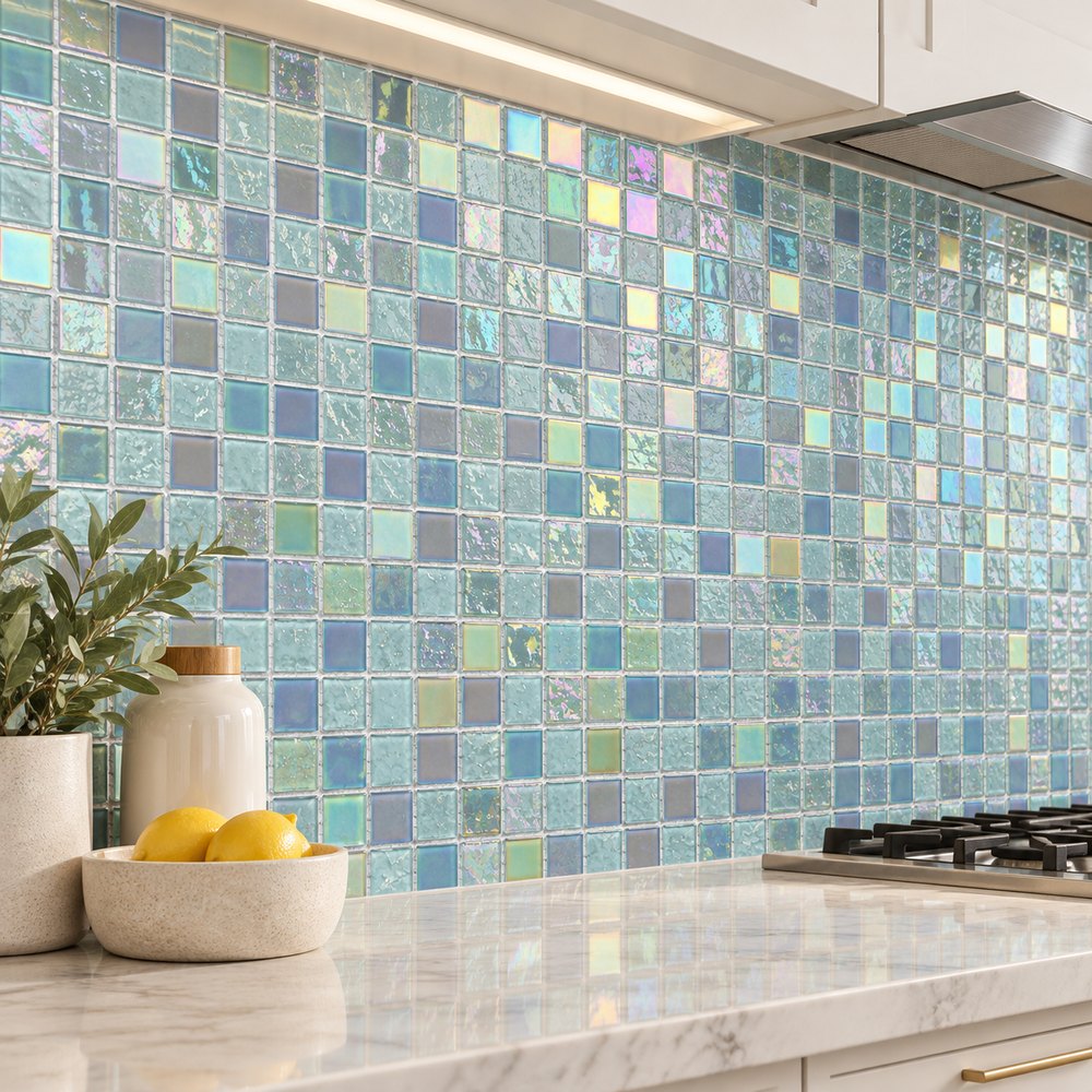 Pale Aqua Iridescent Glass Mosaic Tiles TQ36-FF7008