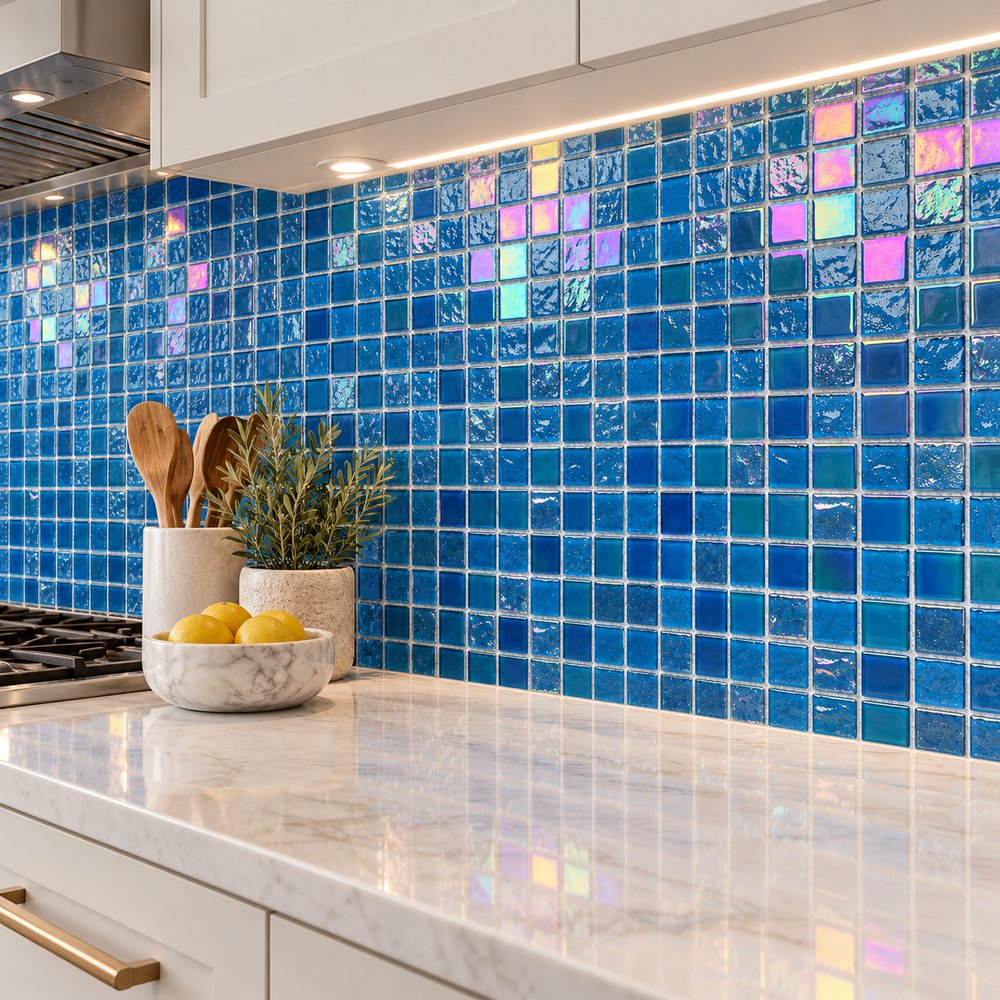 Ocean Blue Iridescent Glass Mosaic Tiles TQ36-FF7010