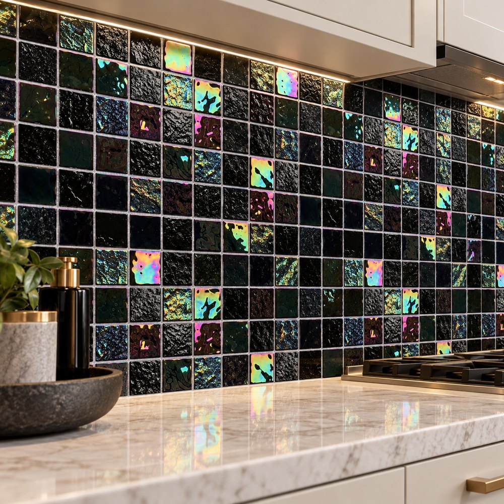 Black Iridescent Glass Mosaic Tiles TQ36-FF7015