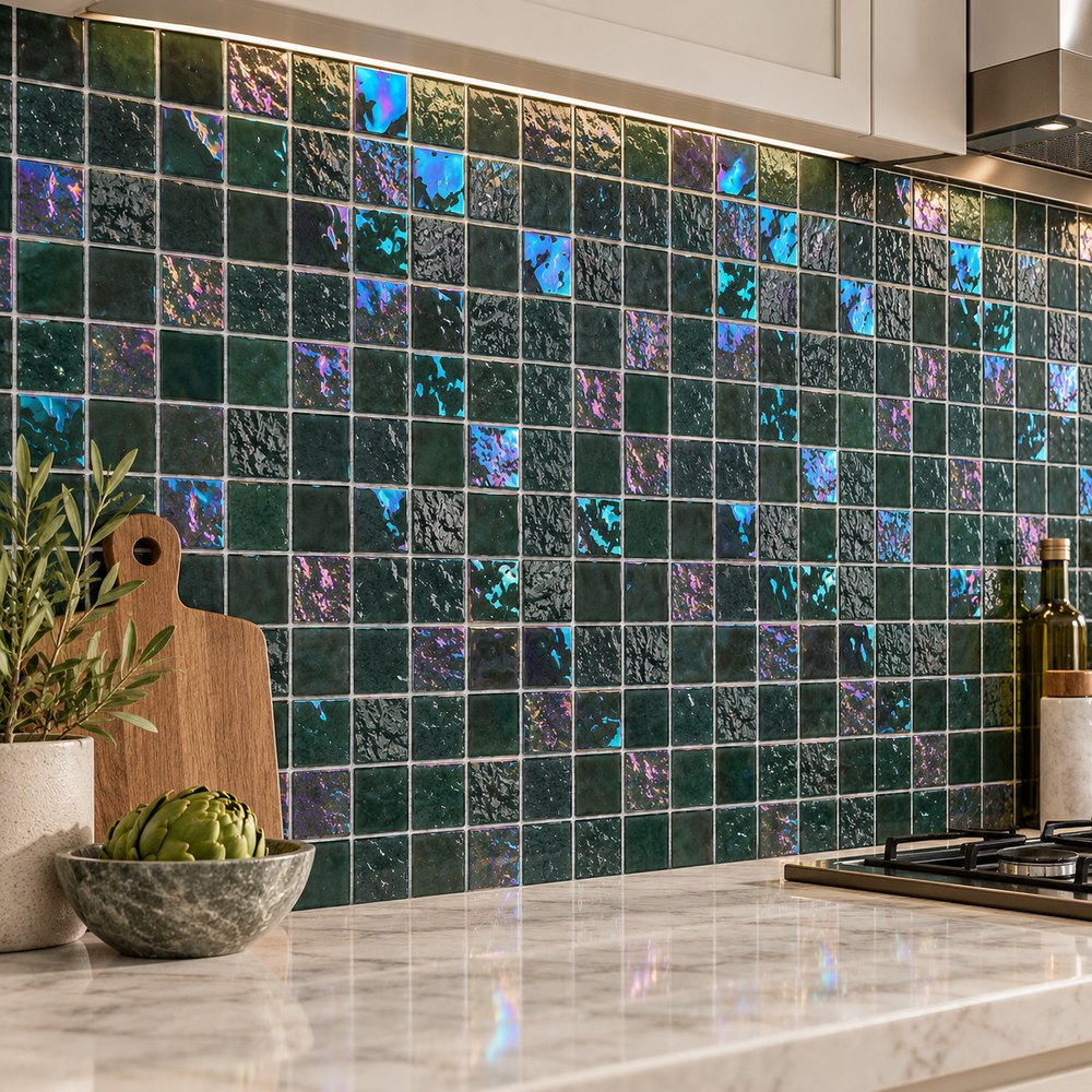 Deep Green Iridescent Glass Mosaic Tiles TQ36-FF7017