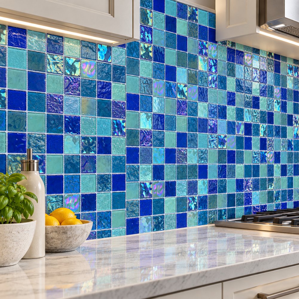 Blue Aqua Mix Iridescent Glass Mosaic Tiles TQ36-FF7029