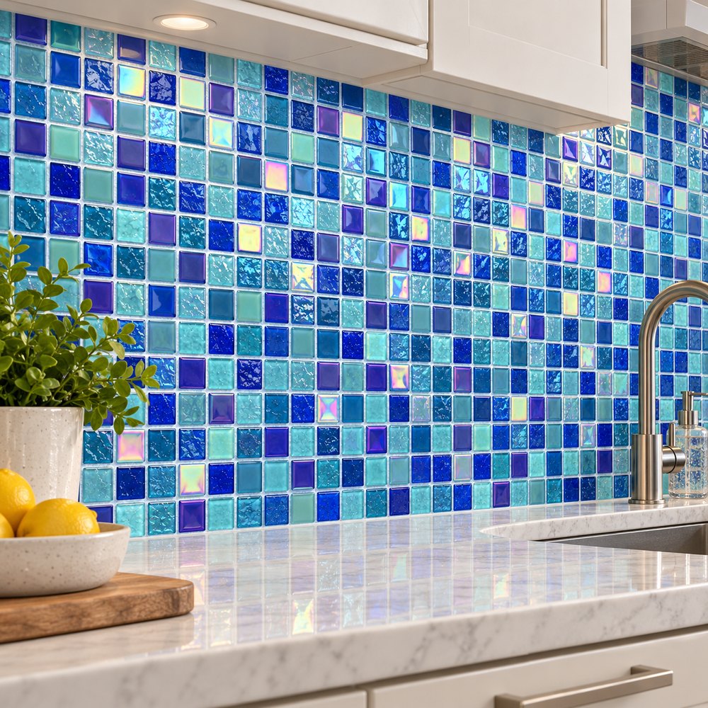 Blue Aqua Mix Iridescent Glass Mosaic Tiles TQ36-FF7030